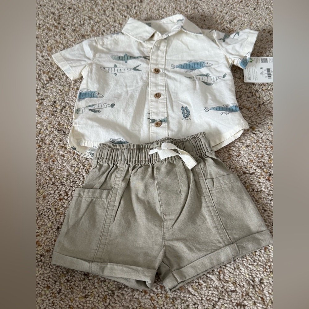 NWT Little Planet Organic Cotton white button down and Tan Shorts size 3 months